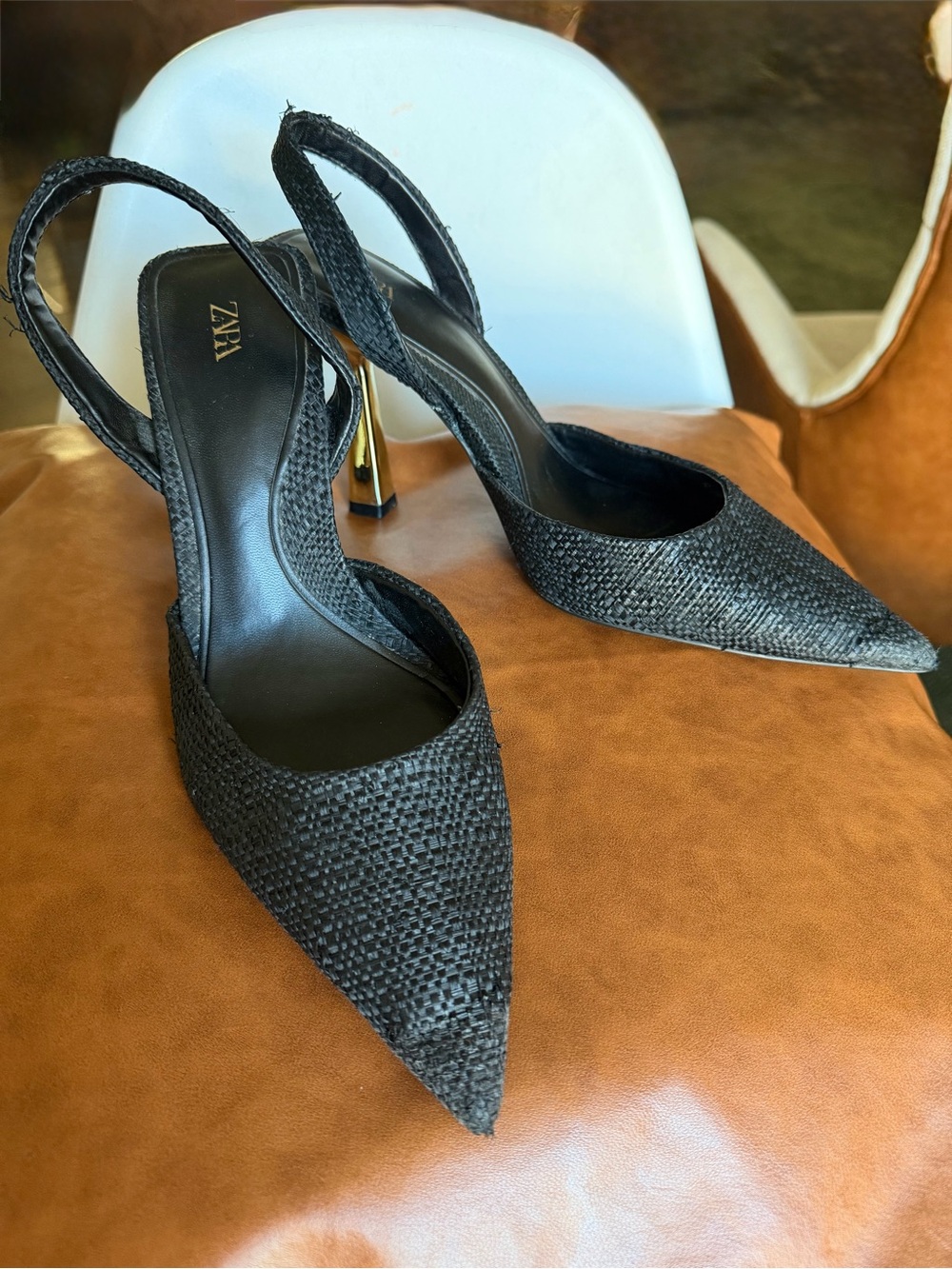 ZARA Black Woven Slingback Pointed Heels with Gold-tone Stiletto